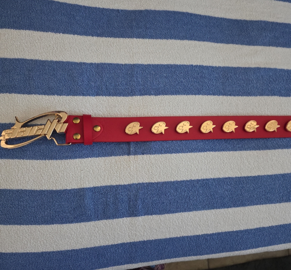 Men's Red Belt with Decorative Gold Studs and Buckle
